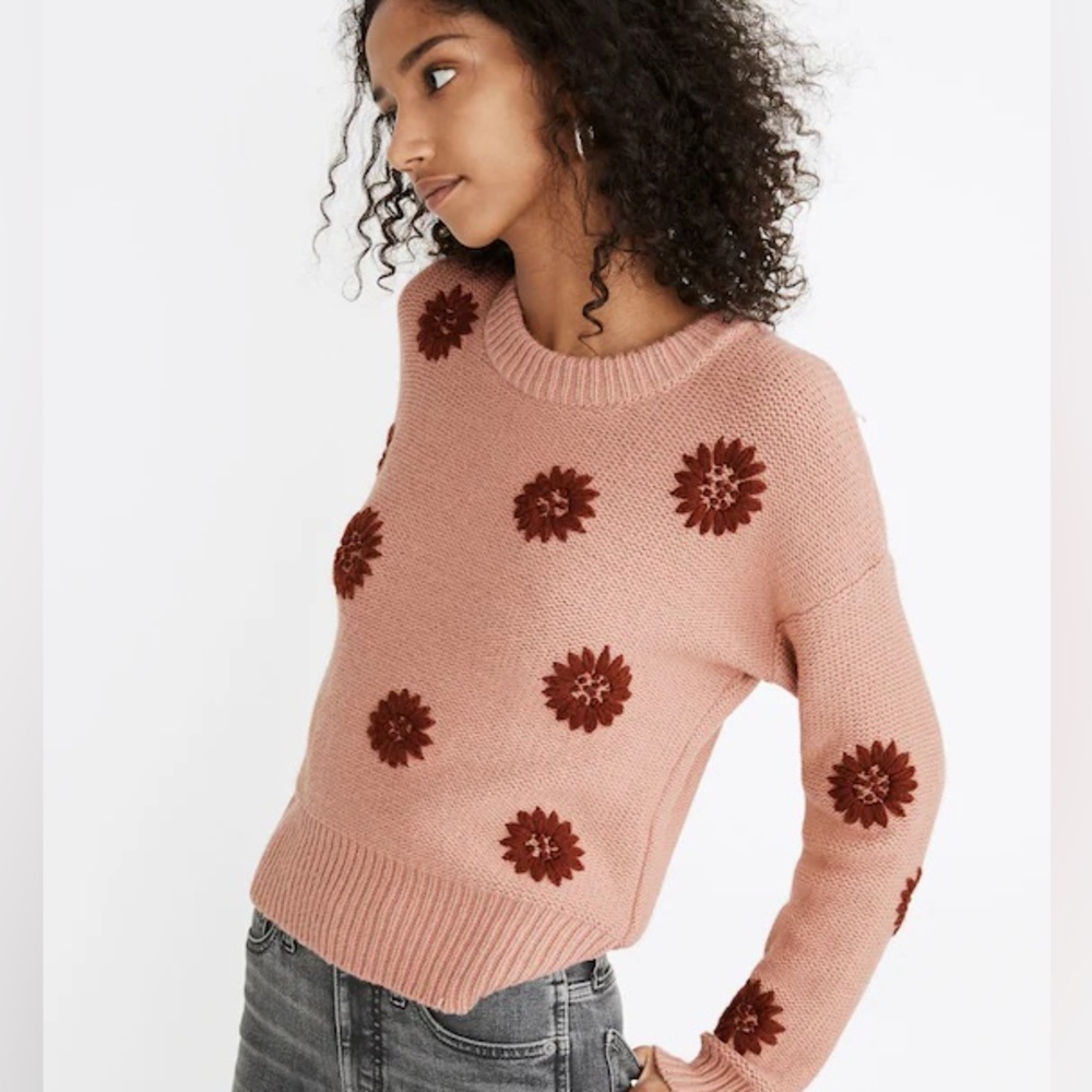 Madewell Floral Embroidered Blush Pink Crew Sweater - Picture 2 of 6